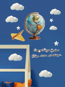 Detailed wall sticker set with globe, white clouds, and stars for kids' rooms