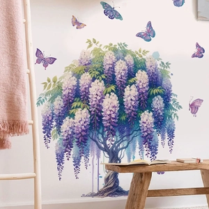 Adesivo Murale Albero di Glicine Viola ad Acquerello Con Farfalle PVC Impermeabile Autoadesivo Decalcomania per Casa Camera