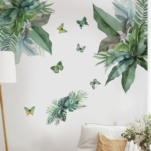 Tropical green leaf wall decals with butterflies for minimalist living room decor