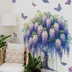 Adesivi murali con glicine viola e farfalle per decorazione camera da letto e salotto