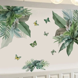Tropical green leaves and colorful butterflies watercolor PVC wall sticker for home decor