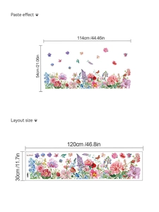 Detailed size chart showing floral wall decal layout and final dimensions on surface