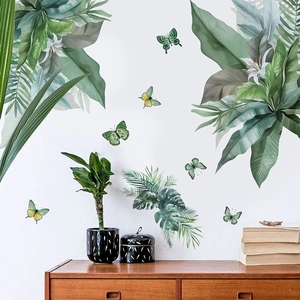 Tropical green leaves and butterfly wall stickers for living room home decor