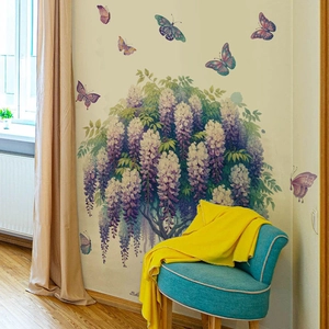 Adesivi murali con glicine viola e farfalle per decorare pareti di soggiorno e camera