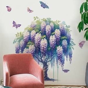 Adesivi murali con albero di glicine viola e farfalle per soggiorno