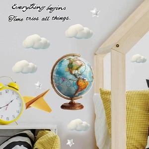 Retro globe and 3D white clouds wall stickers for kids room with paper plane decor