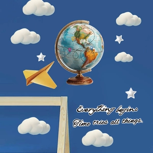 Educational world globe wall decals with white clouds and stars for kids' study room