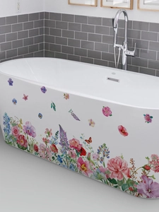Detailed watercolor floral wall stickers featuring pink roses and butterflies on a bathtub
