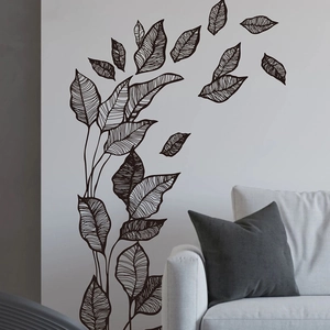 Minimalist black leaf wall stickers for living room decor with line art vine design