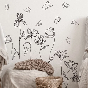 Minimalist black line art floral wall stickers with tulips and butterflies for home decor