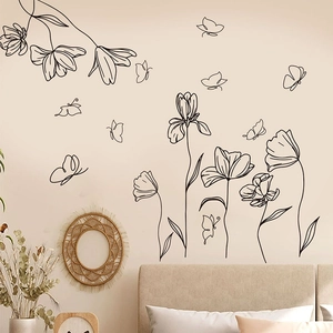 Minimalist black floral line wall stickers with butterfly decals for bedroom decoration