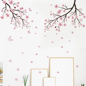 Pink cherry blossom branch wall stickers with petals and butterflies for home decor