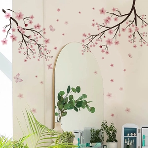 Pink cherry blossom branch wall stickers with butterflies for home decor mural