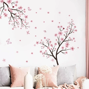 Pink cherry blossom branch wall decals with butterflies for home living room decor