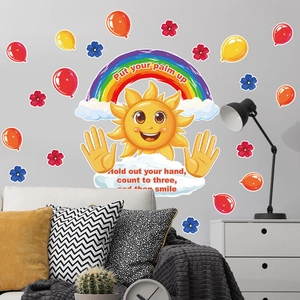 Cartoon sun and rainbow wall sticker set with colorful balloons for kids room decoration