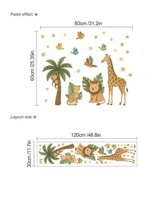 Detailed size chart showing layout and paste dimensions for jungle animal wall stickers