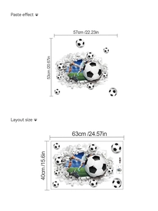 Detailed size chart for 3D soccer ball wall decal showing application and sheet dimensions