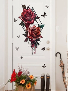 Realistische rote Rosen mit geometrischen Linien und Schmetterlingen PVC Türsticker