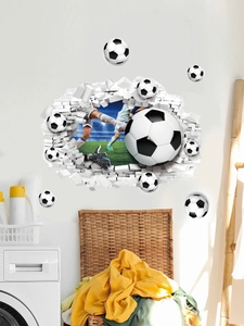 3D soccer wall decal showing a dynamic football player breaking through a white wall