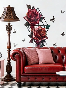 Detailansicht der roten Rosen-Wandaufkleber mit schwarzen Schmetterlings-Silhouetten