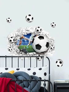 Detailed 3D soccer wall sticker showing a realistic broken wall effect in a bedroom