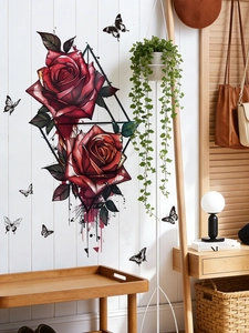 Details von Wandaufklebern mit roten Rosen, schwarzen Schmetterlingen und Rahmen-Deko