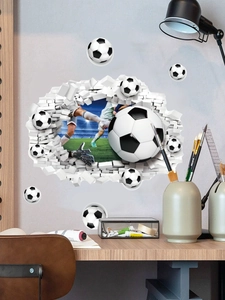 Detailed 3D soccer wall decal showing a ball breaking through a brick wall onto a field
