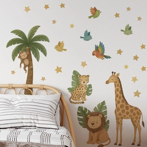Jungle Animal Wall Stickers Cartoon Giraffe Lion Monkey Tropical Tree Star PVC Removable Waterproof Decals For Kids Room Nursery Decor