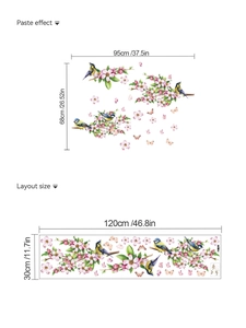 Detail of floral bird wall decals with layout size and application effect on white background