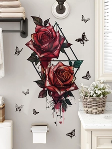 Detailansicht der roten Rosen-Wandaufkleber mit schwarzen Schmetterlingen im Bad