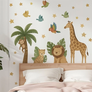 Cartoon jungle animal wall stickers for kids room featuring lion giraffe and morandi stars