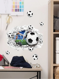 Detailed 3D soccer wall decal showing a player breaking through wall with extra footballs