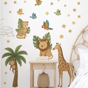 Watercolor jungle animal wall stickers with giraffe, lion and palm tree for nursery