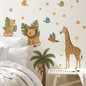 Cartoon jungle animals wall stickers with giraffe and lion for nursery wall decor