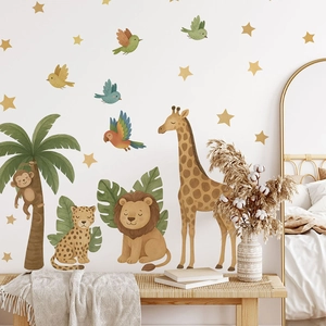 Watercolor cartoon jungle animal wall stickers with giraffe and lion for nursery decor