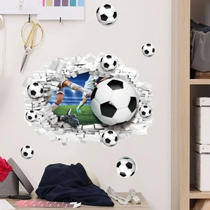 3D Broken Wall Football Wall Sticker World Cup Soccer Player Theme Decorative PVC Self-Adhesive Mural For Kids Bedroom Living Room