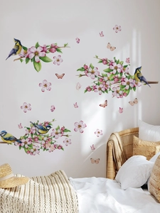 Detailed watercolor wall sticker featuring pink cherry blossoms and blue tit birds