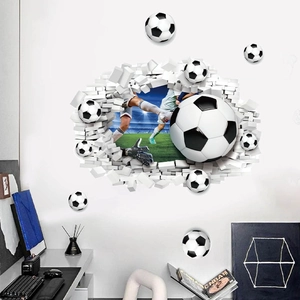 Creative 3D football wall decal with broken wall effect for bedroom sports decor