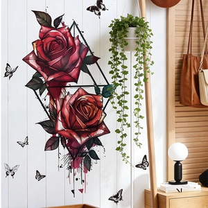 Wandaufkleber mit roten Rosen, schwarzen geometrischen Rahmen und Schmetterlingen