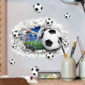 3D football wall decal with broken wall effect for living room or bedroom sports decoration