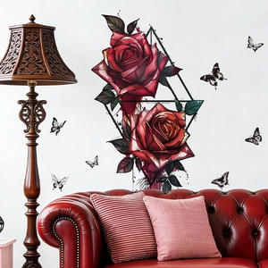Selbstklebender Wandtattoo mit roten Rosen und Schmetterlingen für Wohnzimmer Dekoration