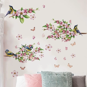 Peach blossom branches and birds wall decals for home bedroom and living room decor