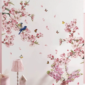 Kirschblütenbaum Zweig Vogel Wandaufkleber Rosa Sakura PVC Selbstklebend Wandtattoo Für Schlafzimmer Wohnzimmer Haus Kunst Wandbild
