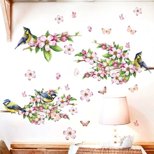 Pink peach blossom wall decal with birds and butterflies for living room home decor