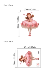 Detail of self-adhesive wall sticker showing cartoon girl paste effect and layout dimensions