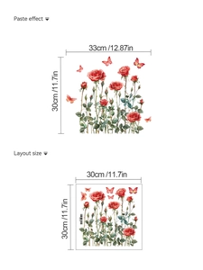 Detail showing red rose wall sticker paste effect and layout dimensions in PVC material