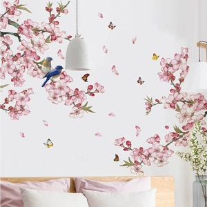Wandaufkleber mit rosa Pfirsichblüten und Vögeln für Schlafzimmer, selbstklebende Kunst