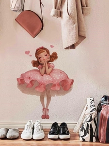 Detail of cute cartoon girl wall sticker in pink polka dot dress for kids bedroom decor