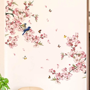 Aquarell Pfirsichblüten Wandtattoo mit Vögeln und Schmetterlingen für Deko
