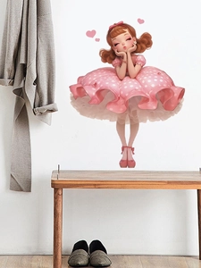 Detail of 3D cartoon girl wall decal with pink polka dot dress and heart stickers